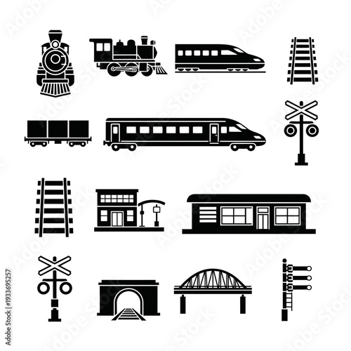 A collection of black and white train and railway station icons