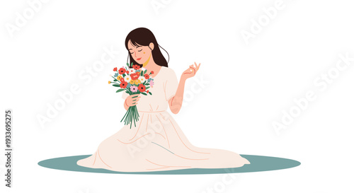 Young woman in a white dress sitting gracefully on the floor and holding a colorful bouquet of wildflowers.