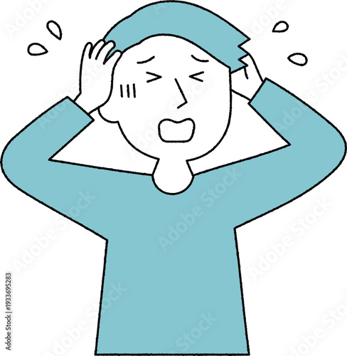 頭を抱えて困っている若い男性単色