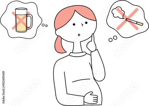 飲酒や喫煙について考える妊婦さん単色