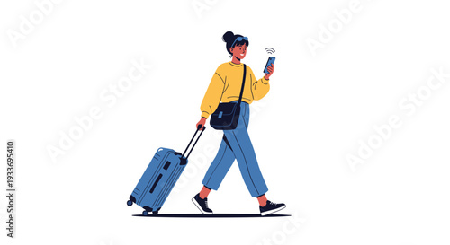 Young woman walking and pulling a blue suitcase while checking her mobile phone for travel information or directions.