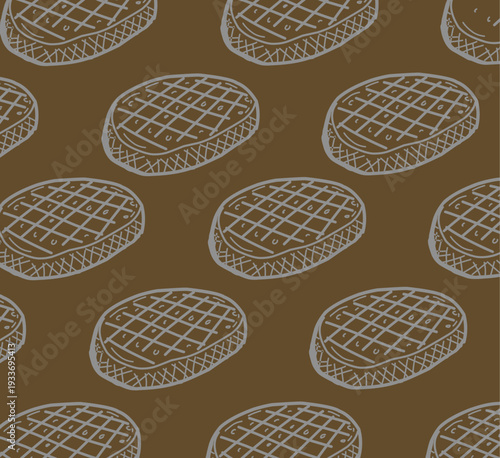 Grilled beef steak pattern. Seamless meat vector illustration. Hand drawn food background. Minimalist sketch line art. Flat colorful culinary design. Repeating protein textile wallpaper.