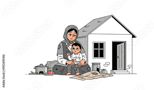 Poor mother and child vector illustration representing care, struggle, and humanity