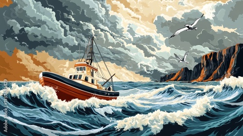 37.Playful vector depiction of a sea storm with foamy wave curls, a bold boat centered in the composition, background cliffs under thick clouds, and seagulls swooping low