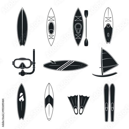 A collection of black and white icons related to surfing and paddleboarding