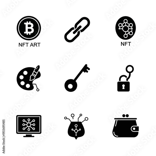 A collection of icons related to nft art and digital ownership