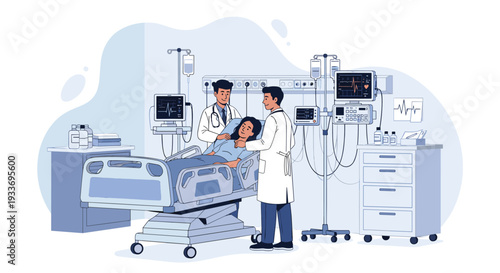 Professional doctors attending to a female patient in a high-tech hospital bed surrounded by medical monitors and equipment.