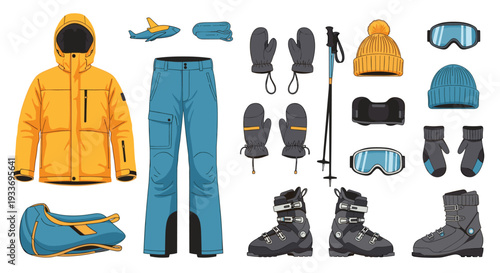 Comprehensive set of winter sports equipment and clothing including ski jacket, pants, boots, goggles, and gloves.