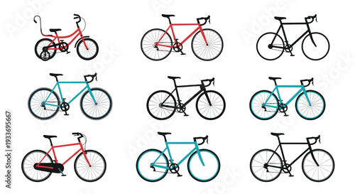 Collection of nine different bicycle types and styles including road bikes, mountain bikes, and a childs bike.