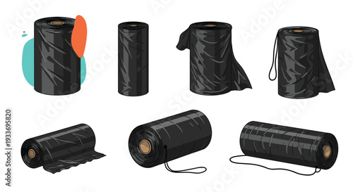 Collection of various rolls of black plastic trash bags in different perspectives and sizes isolated on a white background for cleanup.