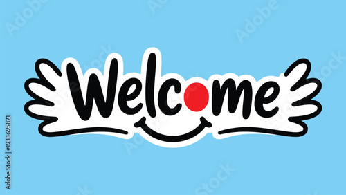 Welcome cartoon typography with heart symbol and doodle wings in playful hand drawn lettering on blue background for greeting card, sticker, banner and decor