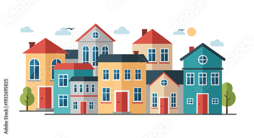 Urban landscape illustration featuring a row of colorful multi-story houses and buildings under a bright sun with clouds and birds.