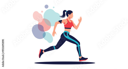 Athletic woman in fitness gear running with determination against a background of colorful abstract shapes representing energy and speed.