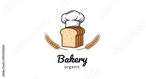 Organic bakery logo design featuring a loaf of sliced bread wearing a chef hat surrounded by ears of wheat on white background.