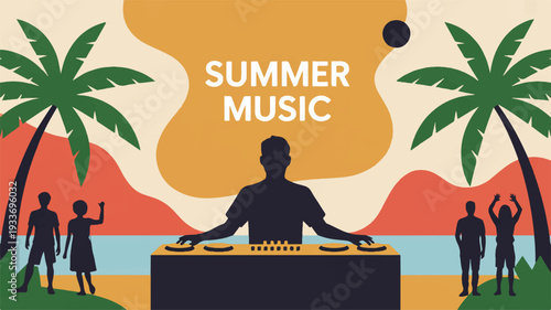 Dj playing music on beach with people dancing near palm trees in summer