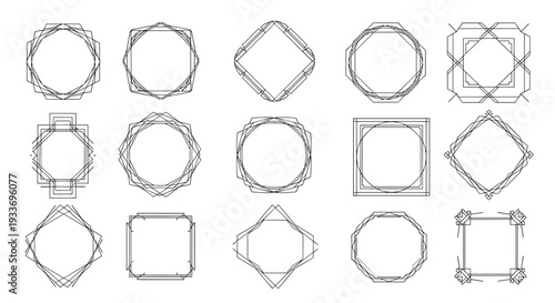Large collection of minimalist geometric frames and borders in various shapes like circles, squares, and diamonds for design use.
