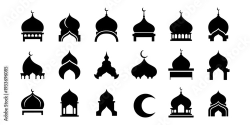 Mosque dome and crescent moon silhouette vector collection