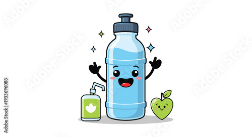 Happy water bottle character with a friendly face surrounded by a soap dispenser and an apple promoting hygiene and health.