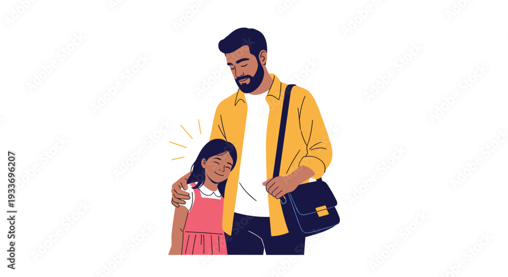 Fototapeta premium Loving father with a beard embracing his smiling young daughter in a heartwarming family portrait isolated on white background.