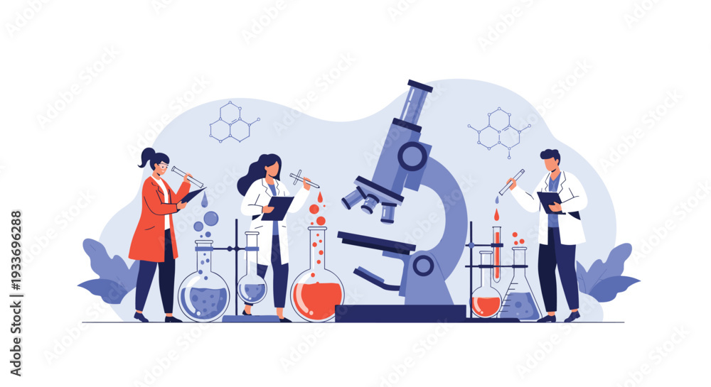 Fototapeta premium Team of professional scientists working in a modern laboratory with a giant microscope and various glassware for research purposes.