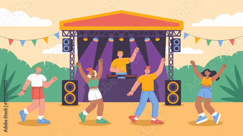 People dancing at outdoor music festival with stage and colorful decorations