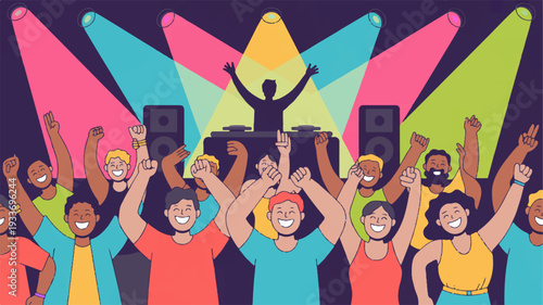 Vibrant party crowd cheering with raised hands at a music festival with a dj