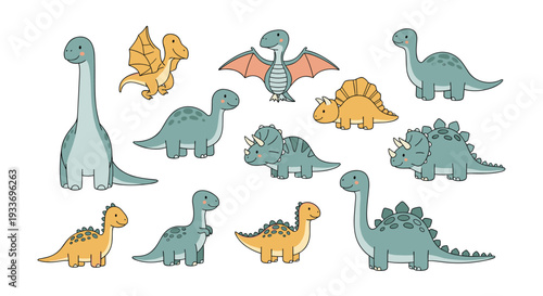 Collection of cute and colorful dinosaur characters in various species and poses designed for children's educational materials.