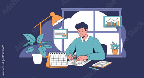 Professional man sitting at his desk working on a calendar and planning his tasks with charts and plants in a cozy home office.
