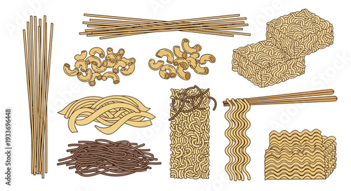Illustrated Collection of Diverse Pasta and Noodle Varieties in Vector Art.