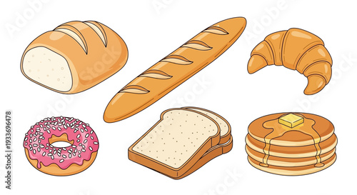 Cartoon illustration of assorted baked goods including bread loaf baguette croissant donut and pancakes.