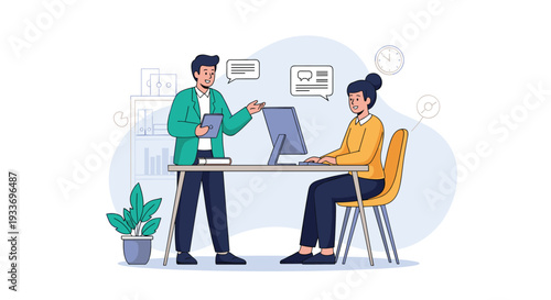 Two professional colleagues discussing work at a desk with a computer, tablet, and icons representing communication and task management.