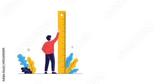 Young man measuring his height or an object with a tall yellow vertical ruler in a stylized abstract garden environment.