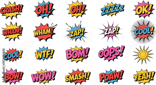 Colorful comic sound effect words in bold and vibrant speech bubbles sound effects