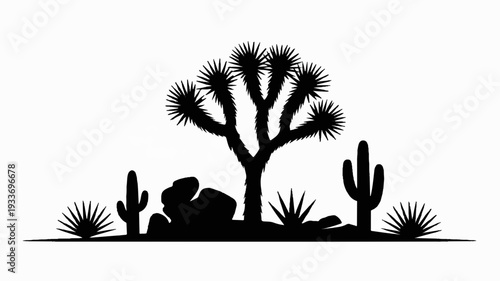 Desert landscape with silhouette of person sitting under joshua tree and cacti at sunset