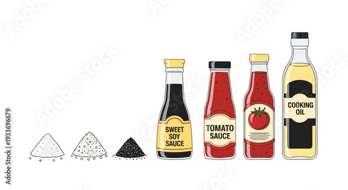 Vector illustration of essential kitchen condiments including salt pepper soy sauce ketchup and cooking oil.
