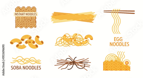 Illustrated Collection of Various Noodle Types Including Instant Spaghetti Macaroni and Soba.