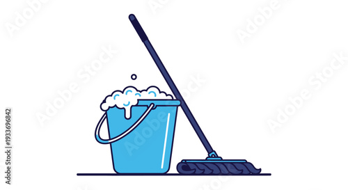Cleaning supplies with bucket and mop illustration.