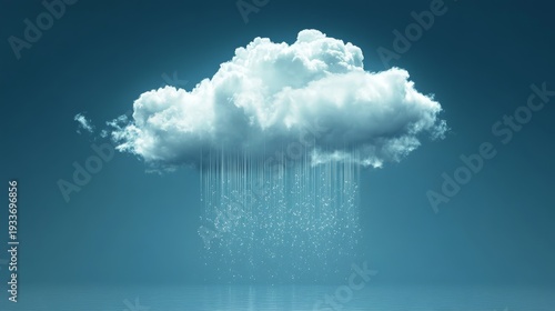 79.Digital artwork of white puffy cloud with vertical line rain drops descending, high contrast against a saturated blue gradient background