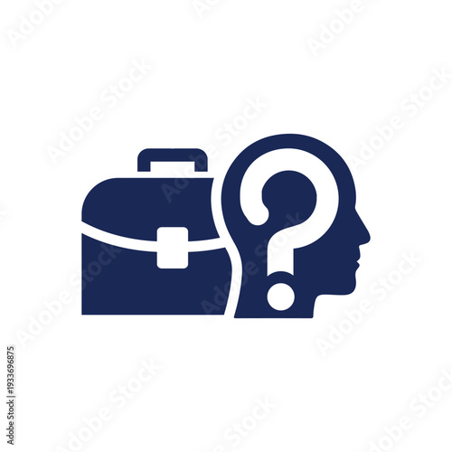 This is an abstract logo design depicting a briefcase and a human head with a question mark. The design symbolizes the duality of man choosing himself or his job first. 