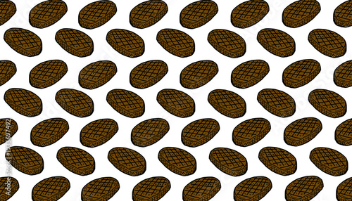 Grilled beef steak pattern. Seamless meat vector illustration. Hand drawn food background. Minimalist sketch line art. Flat colorful culinary design. Repeating protein textile wallpaper.