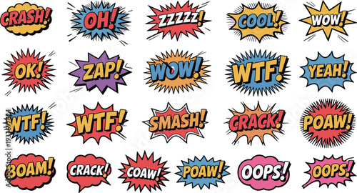 Colorful comic-style speech bubbles with various exclamations and sound effects in bold letters