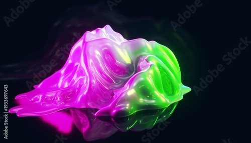 Abstract vibrant magenta and neon green glossy liquid sculpture fluid dynamics forming a complex flowing wave structure with high reflectivity against a deep dark background, modern 3D render
