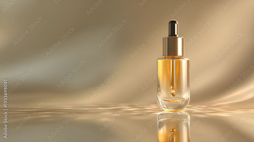 Naklejka premium A sleek bottle of facial oil reflecting soft light on a smooth surface, ideal for beauty and skincare concepts.