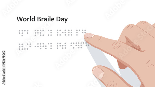 Illustration for World Braille Day showing a finger tracing raised dots on a page of Braille text, representing a tactile writing system for the visually impaired