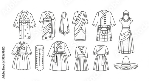 Traditional Japanese Kimono Outfit Illustrations.