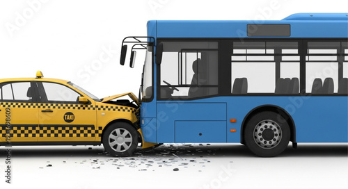 Taxi Cab Crashes into Blue Bus.