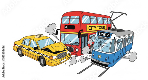 Taxi Car Bus Tram Collision Accident.