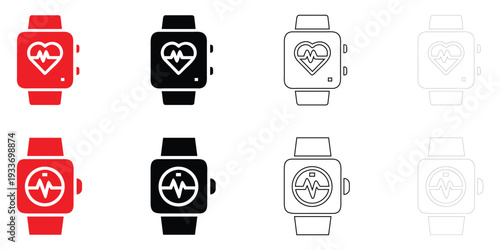 smart health icon vector set, health smart watch symbol vector, silhouette and line art illustration