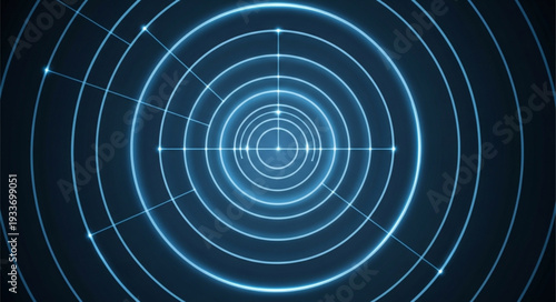 Abstract blue digital radar screen with concentric circles and glowing dots.