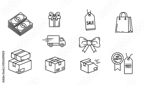 Modern thin line shopping and gift icon bundle for web, app, and e-commerce projects